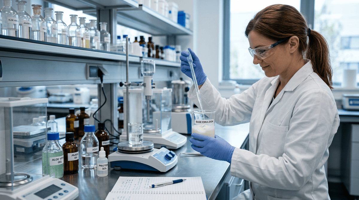 Cosmetic chemist adding clear liquid protein solution to a beaker with white emulsion, precise laboratory setting, cool tones, professional photography
