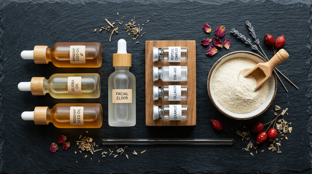 Artistic flat lay of hydrolyzed protein powder, oil dropper bottles, and peptide vials arranged on dark slate background with soft studio lighting, beauty science editorial