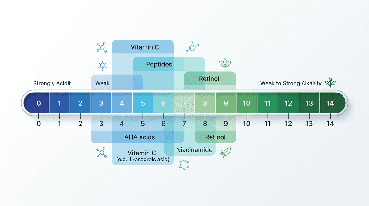 A scientific diagram showing pH scale from 0 to 14 with colored zones indicating optimal pH ranges for retinol, AHA acids, peptides, vitamin C, and niacinamide, clean infographic style, white background, laboratory aesthetic, blue and green color palette