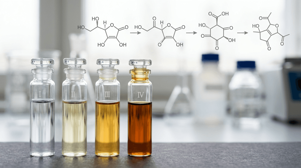 Close-up of laboratory glass vials showing vitamin C serum oxidation stages from clear to pale yellow to deep amber, with simplified molecular structure diagram of ascorbic acid oxidation pathway, scientific photography with soft studio lighting