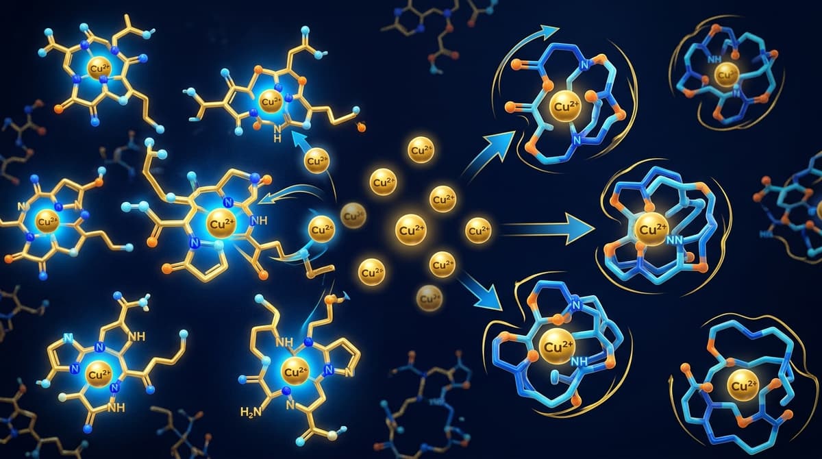 Molecular illustration showing peptide-copper complex GHK-Cu competing with EDTA molecule for copper ions, educational infographic style, blue and gold color scheme on dark navy background, 3D render aesthetic