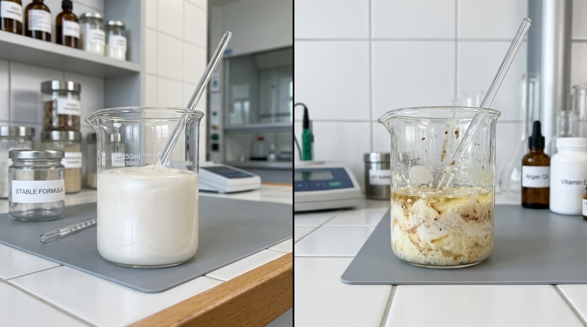 Split-screen professional laboratory image: left side shows a stable, pearlescent anti-aging cream formula in a glass beaker; right side shows a destabilized formula with visible discoloration and phase separation, clean cosmetic chemistry lab setting with white tiles