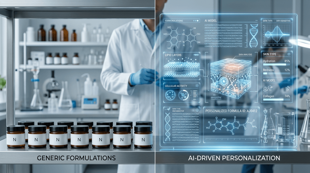 Photo-realistic split-composition image: on the left side, a row of identical generic skincare jars on a lab shelf representing 'one-size-fits-all' cosmetics; on the right side, a glowing digital interface with data streams, molecular structures and a skin analysis overlay representing AI-driven personalized formulation. Clean modern cosmetic laboratory background, soft studio lighting, blue and white color palette, no human faces, high detail, editorial science photography style