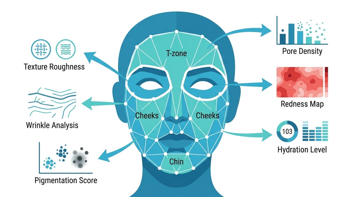 Scientific educational diagram showing the process of computer vision skin analysis: a stylized abstract human face silhouette (no realistic facial features, just geometric outline) divided into facial zones (T-zone, cheeks, periorbital area, chin) with overlaid landmark points and grid mesh, arrows pointing to labeled data outputs like 'pore density', 'redness map', 'pigmentation score' displayed as small charts and icons, clean infographic style, blue and teal color scheme, white background, flat vector illustration
