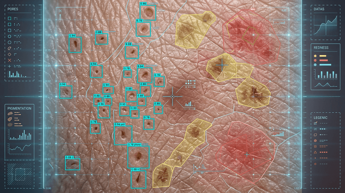 Scientific illustration of a close-up macro cross-section of skin surface texture with computer vision detection overlays: bounding boxes and highlighted markers on pores, redness zones and pigmentation spots, annotated with small percentage labels and confidence scores, style resembling a machine learning detection output combined with dermatological macro photography, cool blue analytical overlay grid, high detail, no human face, technical diagram aesthetic