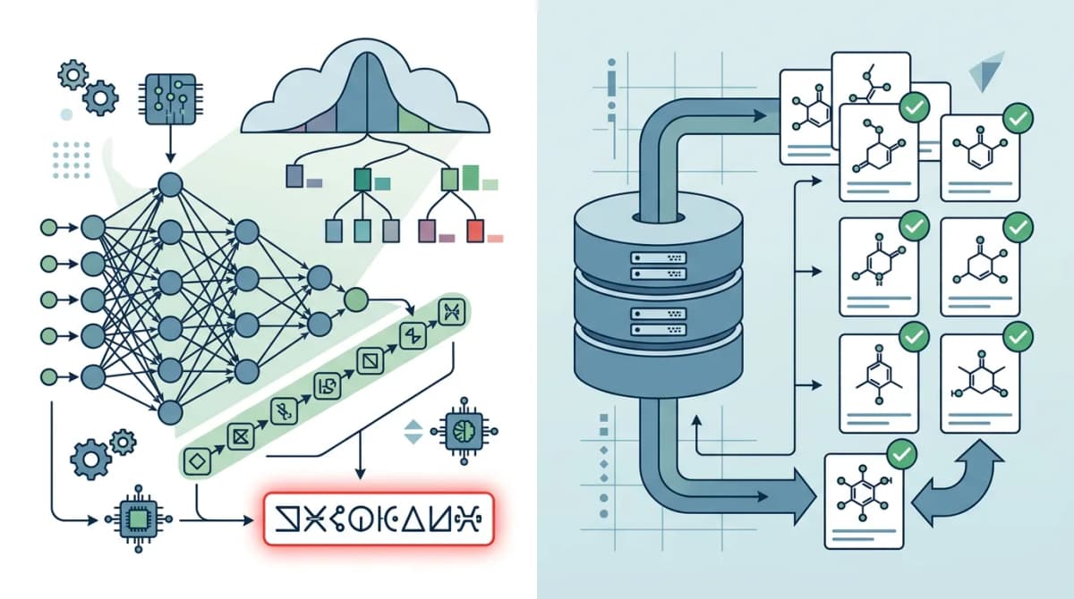 Educational scientific diagram, flat vector infographic style: split-panel comparison showing on the left a neural network node graph generating a token-by-token text sequence with a probability distribution cloud producing a fabricated chemical name in red highlight, and on the right a database icon with verified INCI molecule cards and green checkmarks being retrieved and matched, arrows illustrating information flow, clean minimalist scientific illustration, labeled with abstract icons not real text, muted blue and green palette