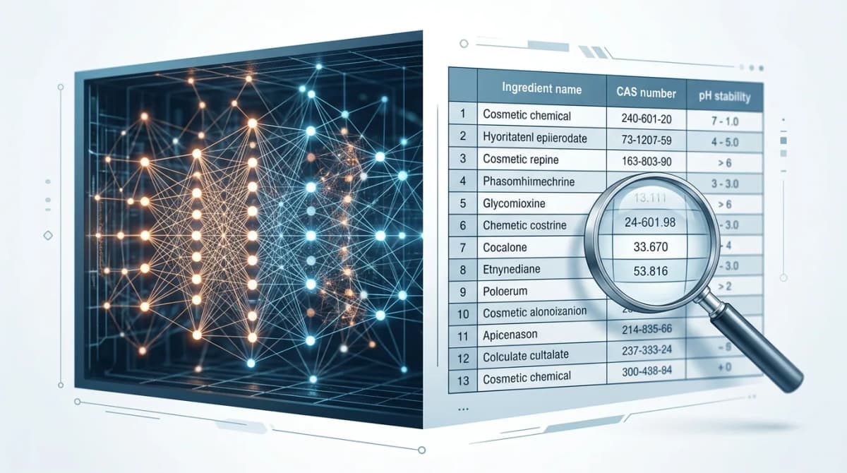 Scientific illustration, cross-section comparison diagram: on one side a dense abstract network of glowing interconnected neural weights representing distributed parametric memory of an AI model, on the other side a structured relational database table with rows and columns showing ingredient name, CAS number and pH stability fields, a magnifying glass hovering over a specific correct data cell, clean technical infographic style, cool blue and white color scheme, no human figures