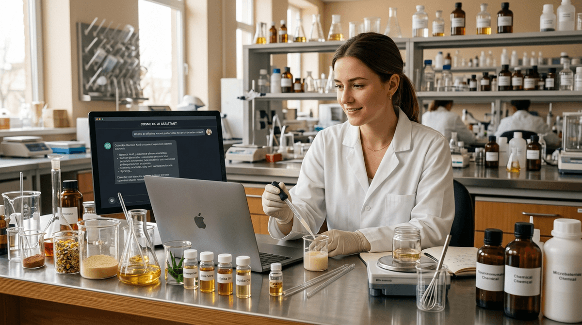 A cosmetic chemist at a modern lab bench, laptop open with AI chat interface visible on screen, surrounded by glass beakers, droppers, and ingredient samples, warm scientific laboratory aesthetic, soft natural lighting, professional and approachable mood