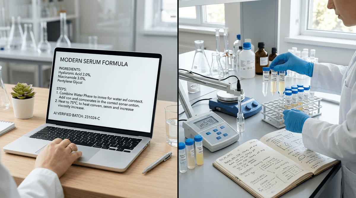 Split screen composition: left side shows AI-generated cosmetic formula text on a laptop screen, right side shows real lab testing with pH meter, stability samples in vials, and handwritten notes, illustrating the verification process, clean editorial style