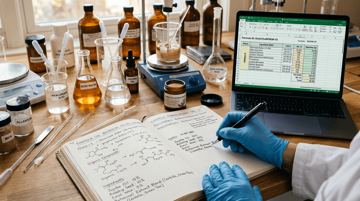 Cosmetic chemist's hands writing in a detailed lab notebook next to an open laptop, formula draft visible on screen, professional scientific workspace with ingredients and tools, warm tones, focused and thoughtful atmosphere