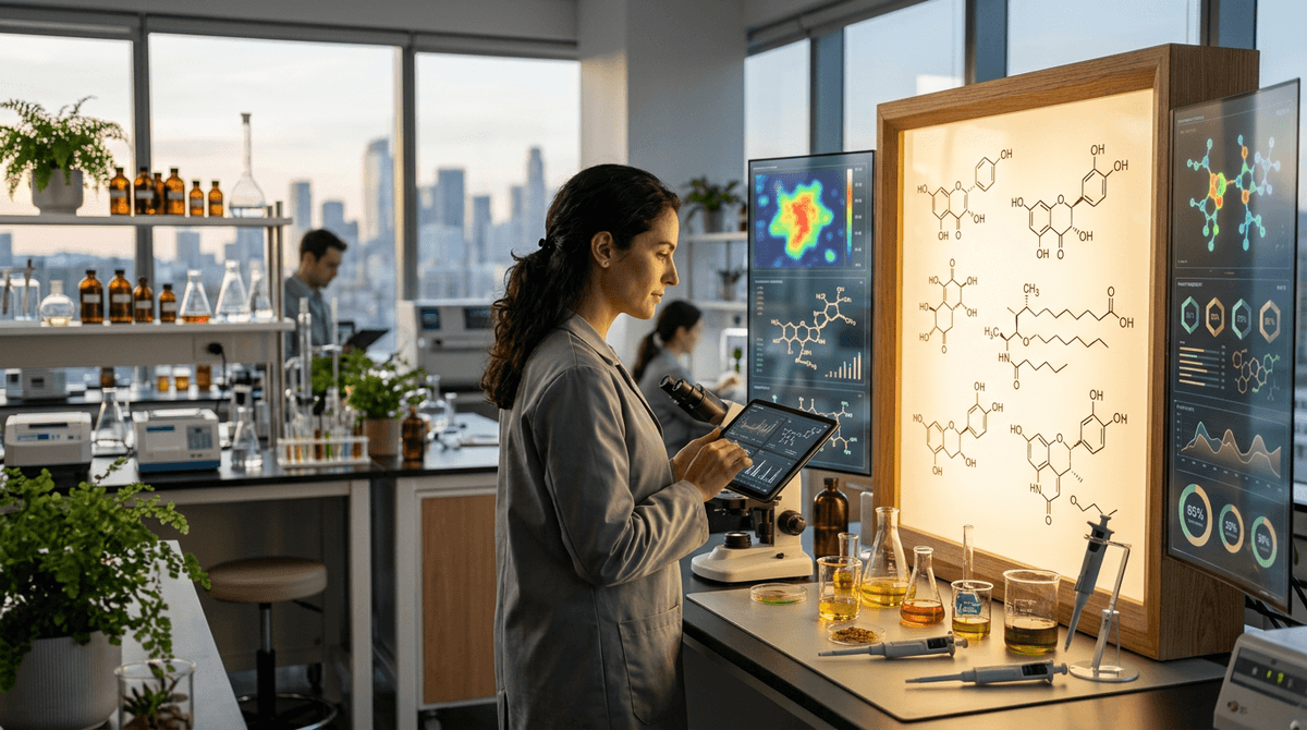 Futuristic but grounded cosmetic lab visualization with molecular structure models on a lightboard, AI interface screens showing ingredient data, modern lab equipment in background, warm scientific color palette, editorial magazine style