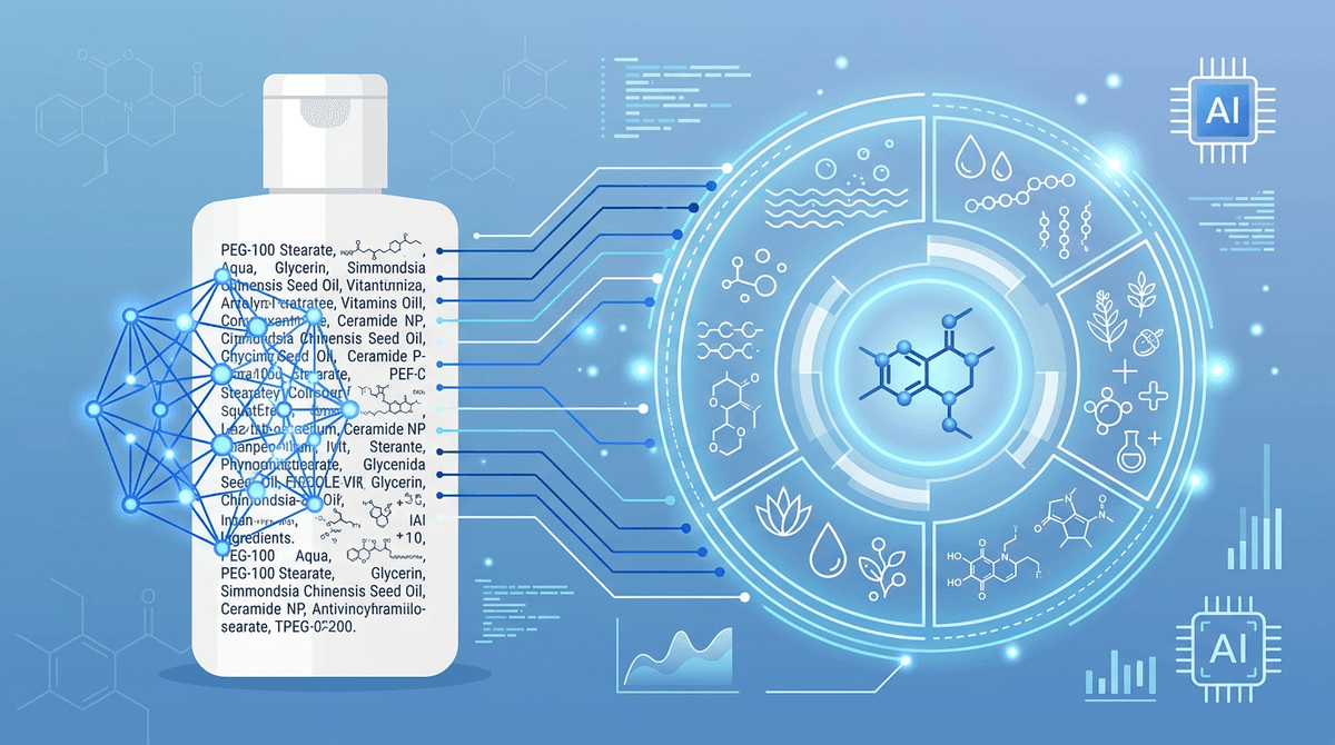 Scientific illustration, flat design, of a cosmetic product label with an INCI ingredient list being scanned by a glowing AI neural network overlay, digital lines connecting text to a holographic structured formula diagram with layered circles representing water phase, oil phase, active phase, clean modern educational infographic style, cool blue and white color palette, no human faces
