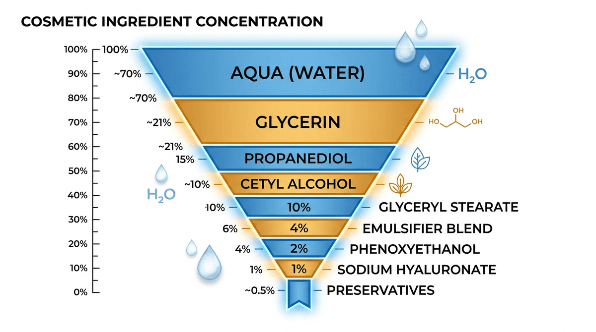 Scientific diagram illustration showing a vertical bar chart or funnel visualization of cosmetic ingredients decreasing in concentration from top to bottom, labeled with generic terms like Aqua, Glycerin, Emulsifier, Preservative, with percentage scale on the side, clean infographic educational style, white background, blue and amber accent colors, no text overlap, no human figures