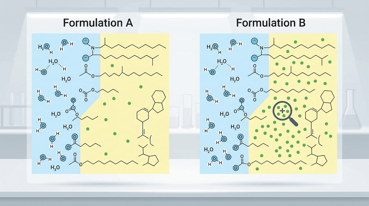 Scientific illustration comparing two cosmetic product formulations side by side as structured molecular diagrams, each split into color-coded phases (aqueous phase in light blue, oil phase in pale yellow, active ingredients in green dots), magnifying glass icon highlighting a key active ingredient concentration difference, clean flat vector infographic style, laboratory research aesthetic, no human faces