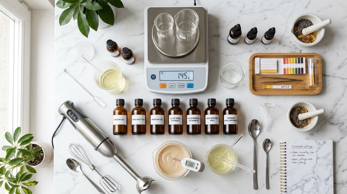 A clean home cosmetic laboratory setup with digital precision scales, glass beakers, a thermometer, a hand blender, pH test strips, and neatly organized cosmetic raw material bottles on a white marble table, soft natural lighting, professional flat lay photography