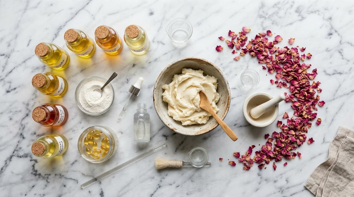 Flat lay of various cosmetic raw materials: small glass bottles with plant oils, a bowl of shea butter, white emulsifier powder in a glass dish, hyaluronic acid serum, vitamin E capsules, and dried rose petals on a light marble surface, top view
