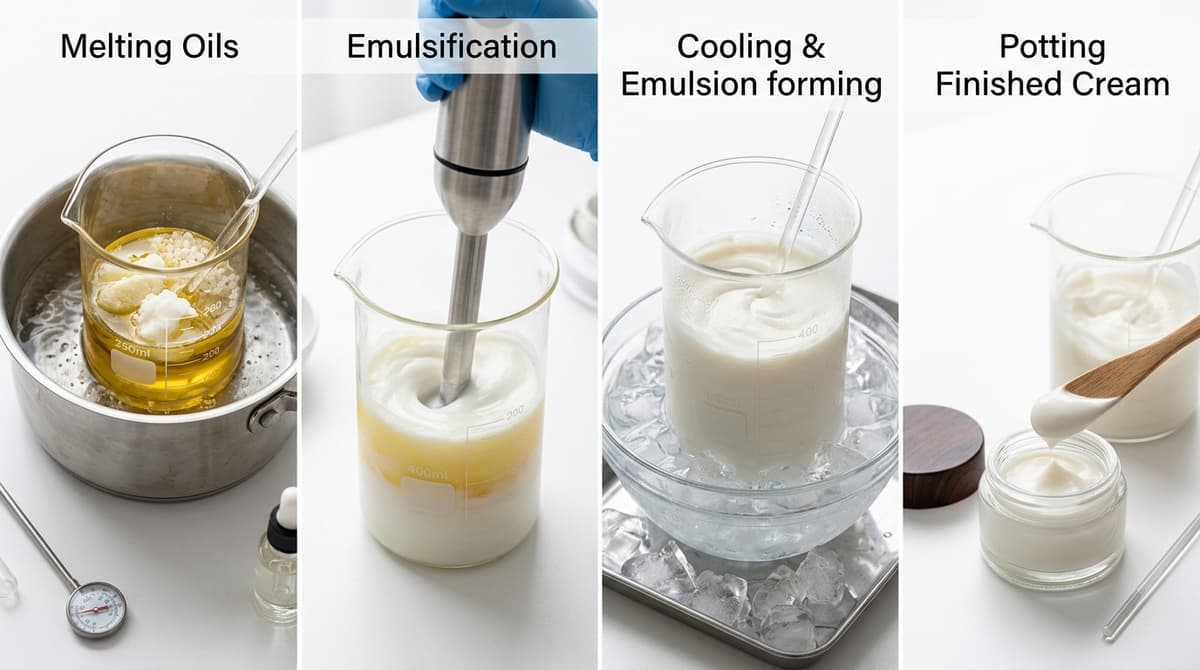 Step-by-step process of making a homemade cream: glass beaker on a water bath with melting oils, hand blender combining two phases, white emulsion cooling in an ice bath, and a small cosmetic jar being filled with finished cream, clean white background