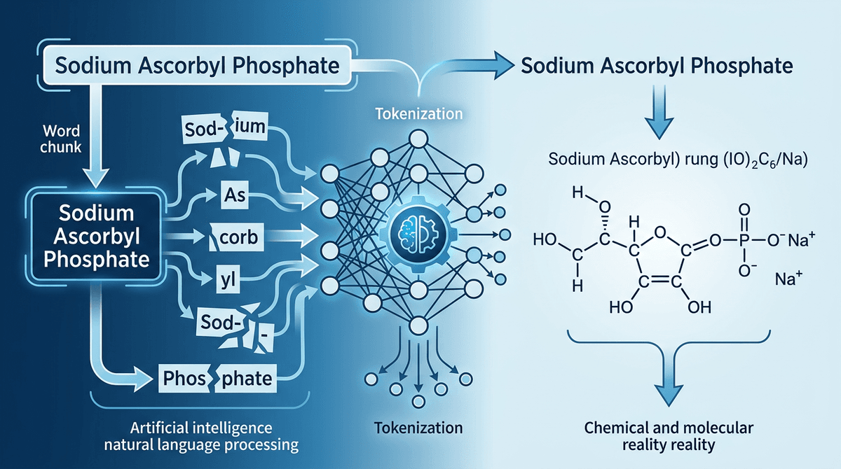 Scientific educational diagram showing the word 'Sodium Ascorbyl Phosphate' being split into text tokens by an AI language model, visualized as a flowchart with the chemical name breaking into fragmented word-pieces connected to a neural network node graph, contrasted with a correct molecular SMILES structure on the other side, clean infographic style, blue and white color scheme, labels in English