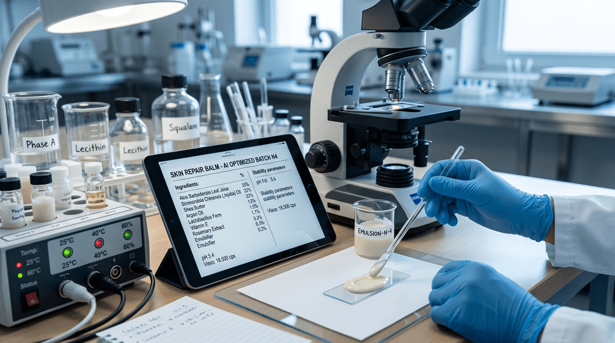 Photo-realistic close-up of a gloved hand testing a cosmetic emulsion sample in a laboratory, with a tablet screen showing an AI-generated formula printout beside microscope and stability testing equipment, emphasizing verification and quality control, cool clinical lighting, no visible human face, shallow depth of field