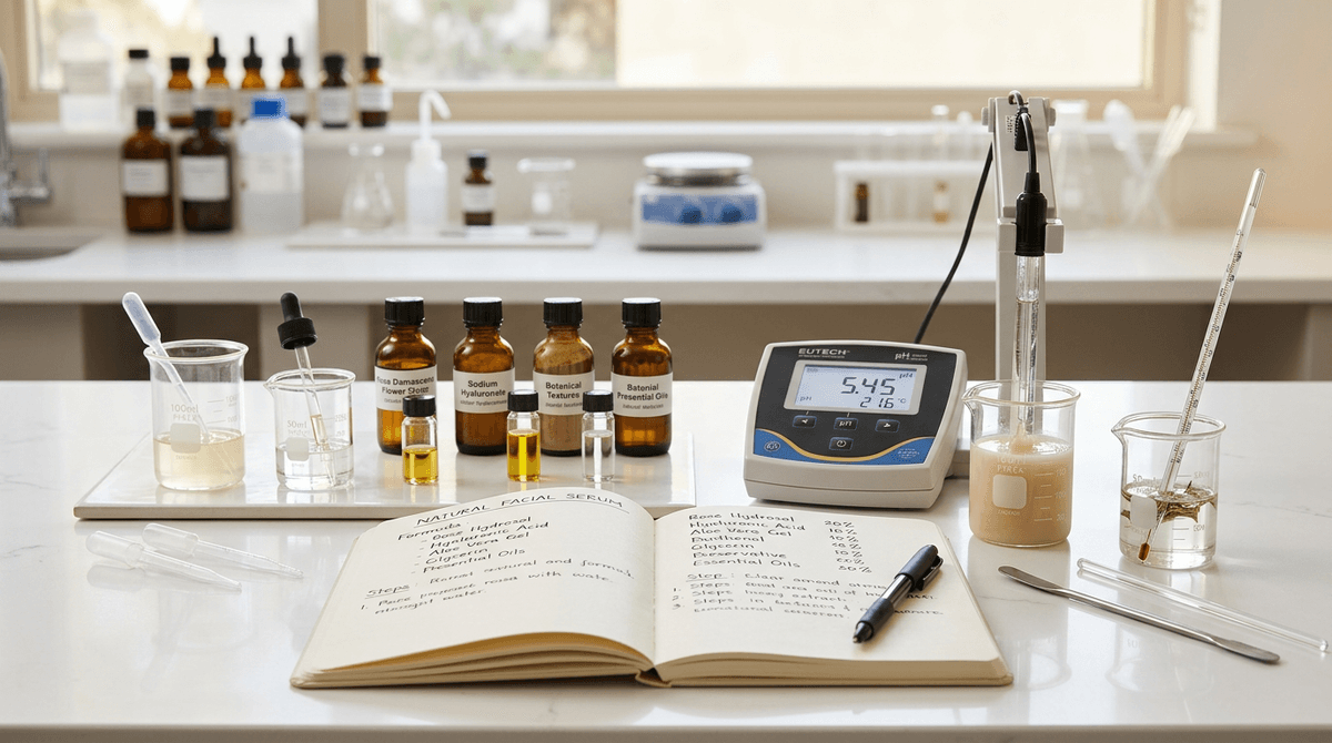 professional cosmetic formulation lab setup with glass beakers, digital pH meter, precision thermometer, open notebook with formulas, white surface, clean and minimal aesthetic, soft studio lighting