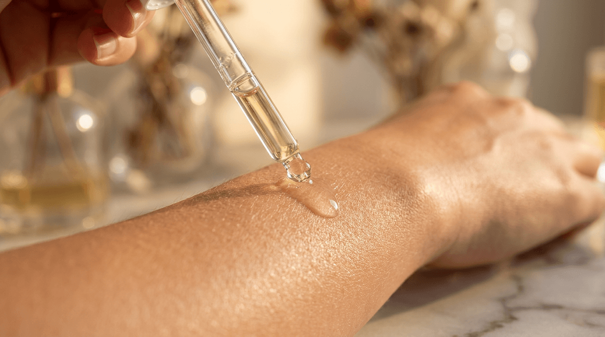 close-up editorial shot of clear serum dropper touching skin surface showing texture absorption, warm golden tones, shallow depth of field, luxury beauty magazine style