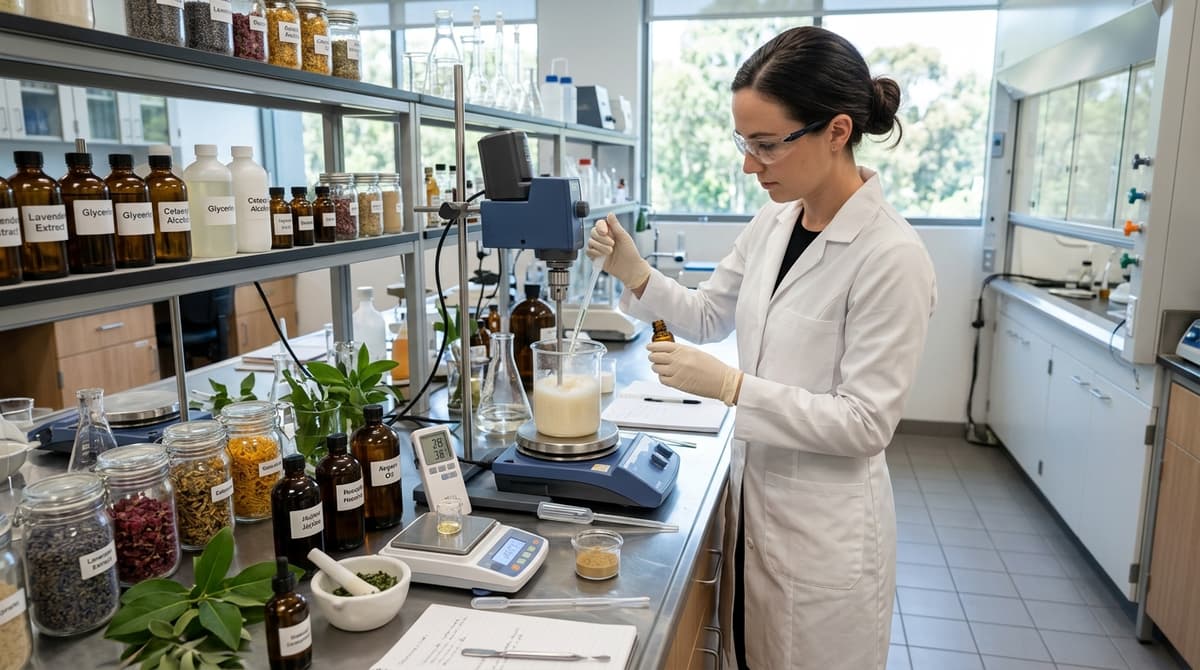 A professional cosmetic chemist in a white lab coat working at a modern laboratory bench with beakers, emulsifiers, and botanical ingredients, bright natural lighting, photorealistic style