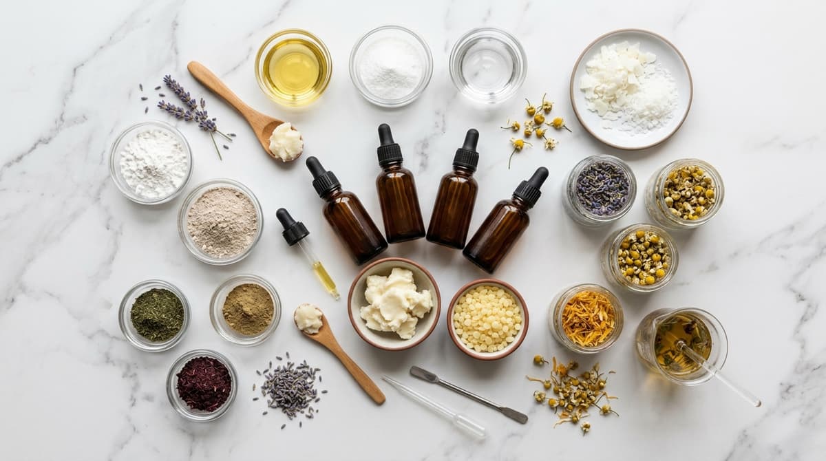 Flat lay of various cosmetic raw materials including plant oils, shea butter, emulsifiers, and botanical extracts arranged on a white marble surface, top view, clean aesthetic