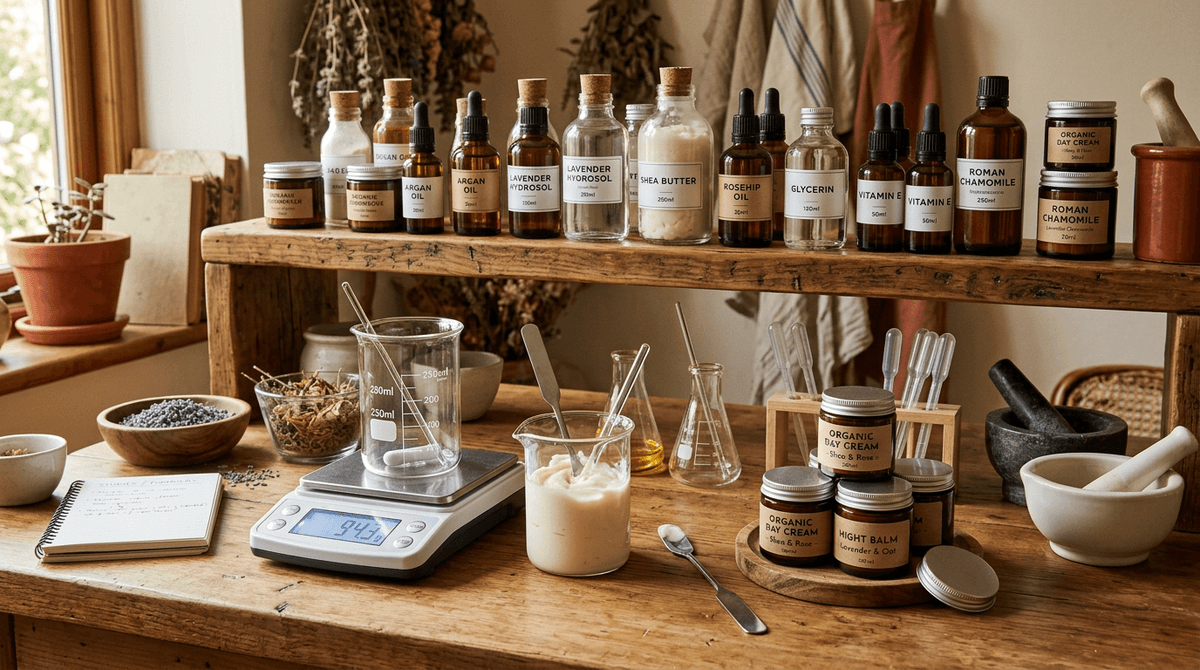 A home cosmetics laboratory setup with labeled ingredient bottles, digital scale, glass beakers, and handmade cream jars on a wooden shelf, warm lighting, cozy atmosphere