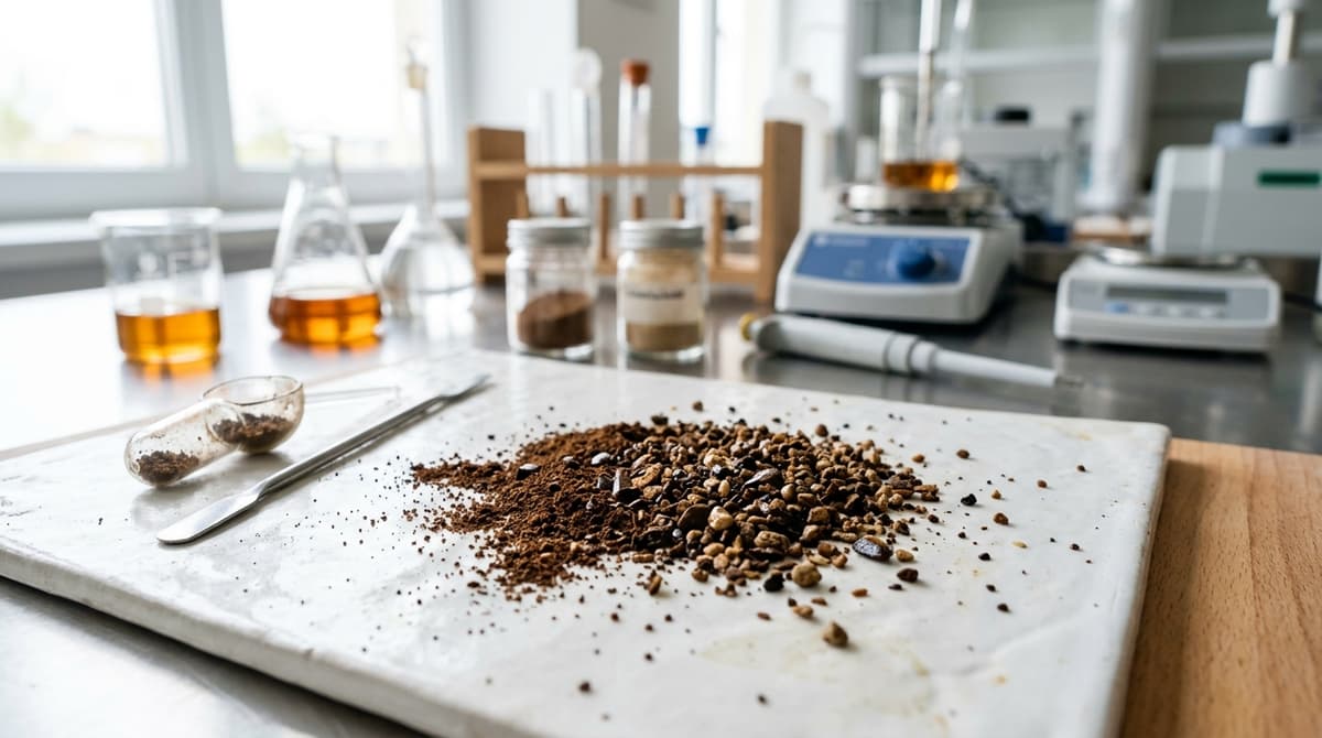 Close-up macro photography of coffee grounds showing varied particle sizes and textures, placed on a white ceramic surface in a cosmetic chemistry laboratory setting, natural lighting, high detail