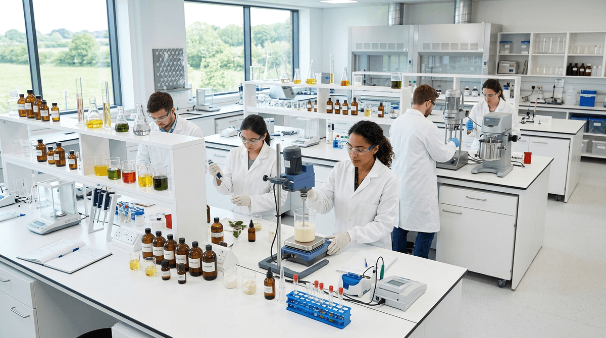 A modern cosmetic formulation laboratory with white benches, glass beakers, emulsification equipment, and scientists in lab coats working on formulas — clean, bright, professional scientific setting