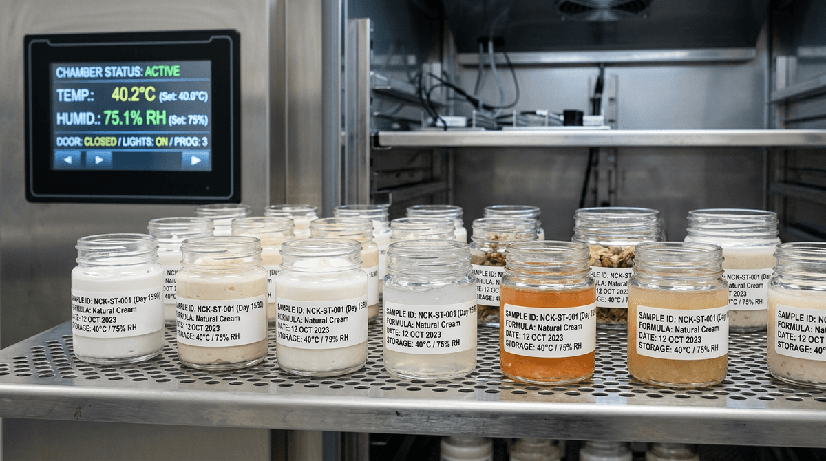 Close-up of cosmetic stability testing samples in labeled glass jars arranged in a climate chamber, scientific setting with temperature controls visible
