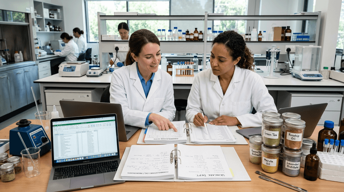 Two cosmetic chemists reviewing formula documentation and ingredient lists at a laboratory workstation with laptops and sample jars, collaborative professional atmosphere