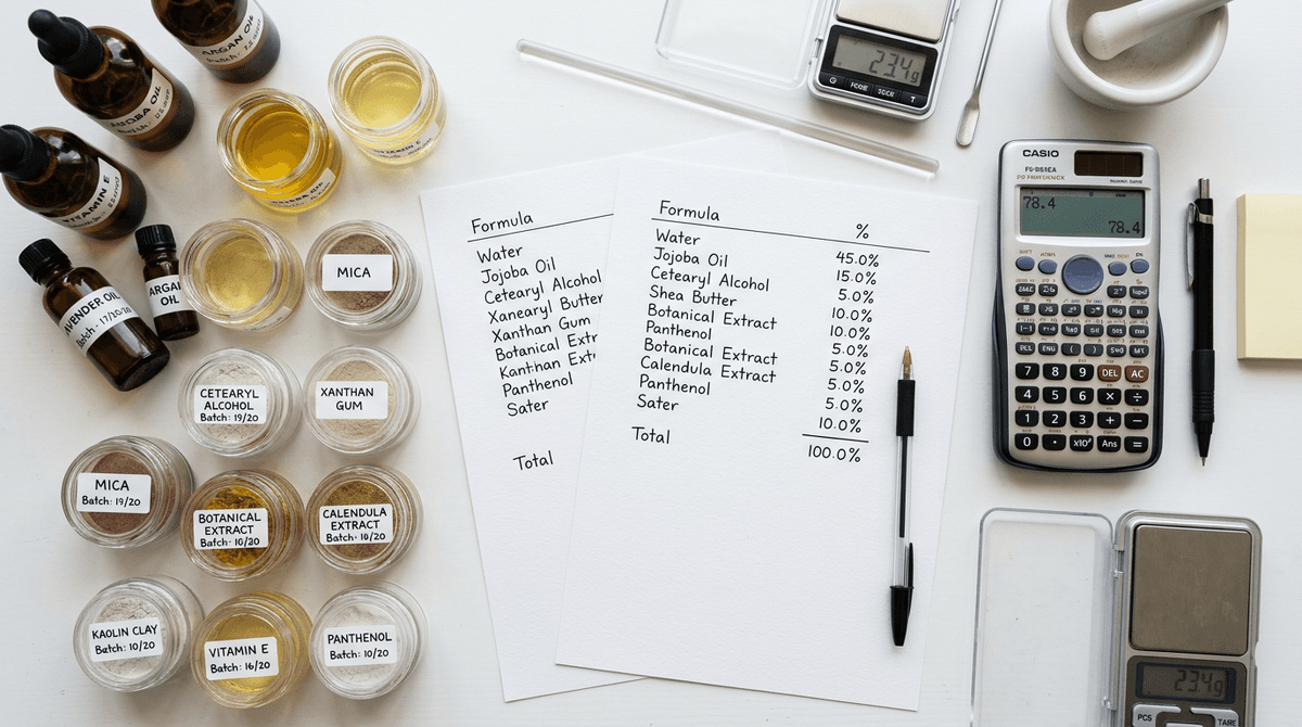 Flat lay of cosmetic ingredient samples, formula worksheets with percentages written by hand, and a calculator on a clean white surface — representing formulation budget planning