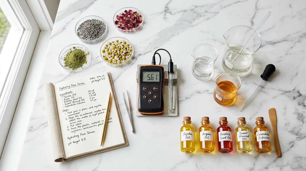 Flat lay of cosmetic chemistry tools arranged artfully - digital pH meter, glass beakers and pipettes, small bottles of plant oils, botanical extracts in petri dishes, handwritten formulation notes, clean white marble background, professional editorial photography