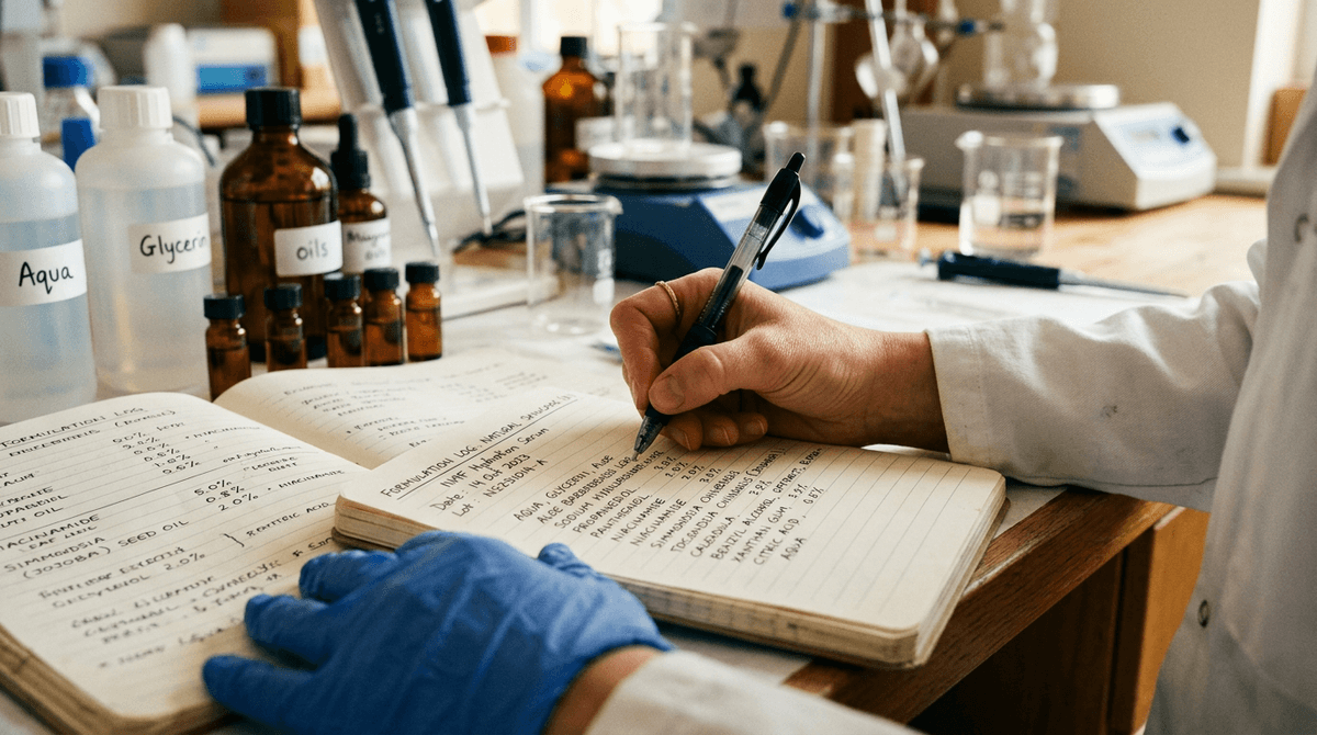 Close-up of a cosmetic chemist's hands writing detailed formulation notes in a laboratory notebook, INCI ingredient names clearly visible, pen in hand, blurred laboratory equipment in background, warm professional lighting, editorial style