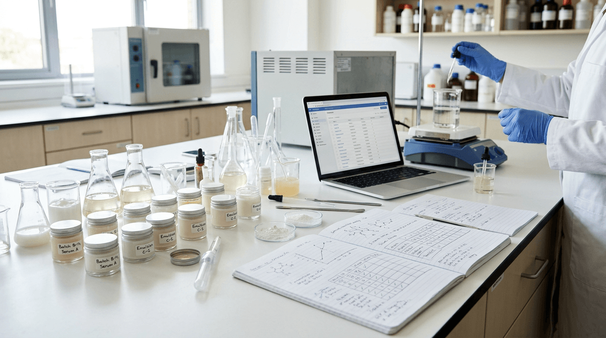 Modern cosmetic laboratory workspace with multiple cream and serum samples in small jars, stability testing equipment, open formulation notebooks with charts, laptop showing ingredient database, clean and professional editorial lifestyle photography