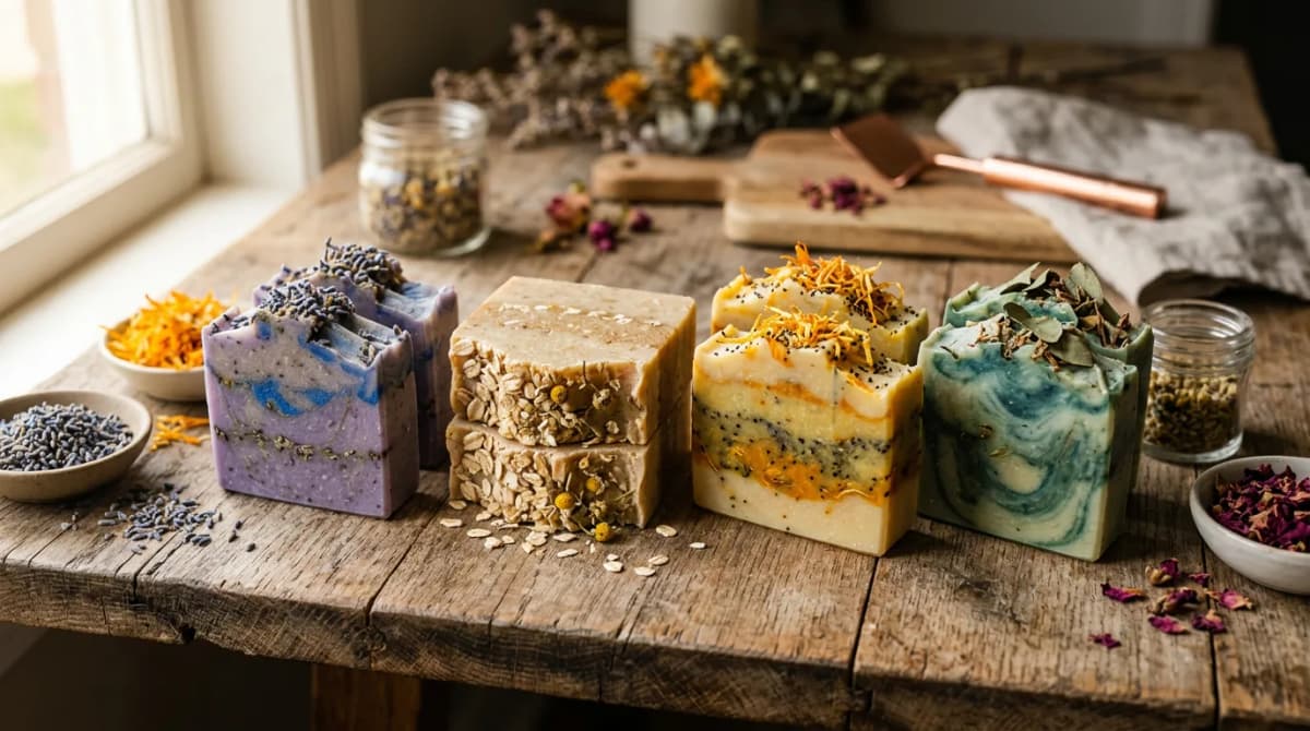 Close-up of cold process handmade soap bars with visible layers, natural textures, botanical inclusions like dried lavender and calendula petals on a rustic wooden surface, soft warm natural lighting, artisan aesthetic