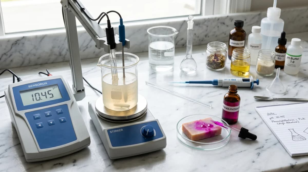 Laboratory pH meter measuring soap solution in a beaker, phenolphthalein indicator test on a soap slice showing color change, scientific equipment arranged on a clean white marble background, professional cosmetic chemistry setting