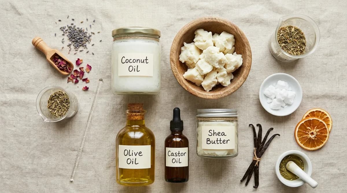 Flat lay of various oils and butters used in soap making — coconut oil, shea butter, olive oil, castor oil in glass containers with handwritten labels, top view, clean minimalist aesthetic with natural linen background