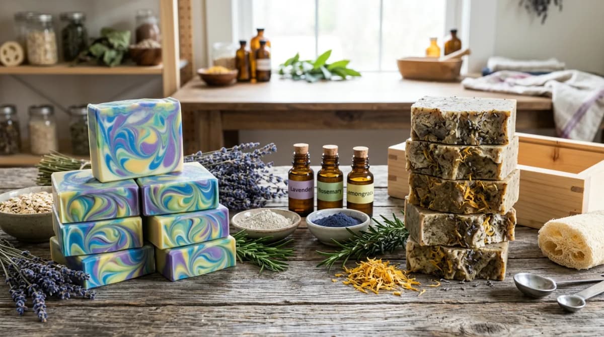 Side by side comparison of cold process and hot process handmade soap bars showing texture differences — one smooth with colorful swirls, one rustic and textured — surrounded by natural ingredients like herbs and essential oil bottles