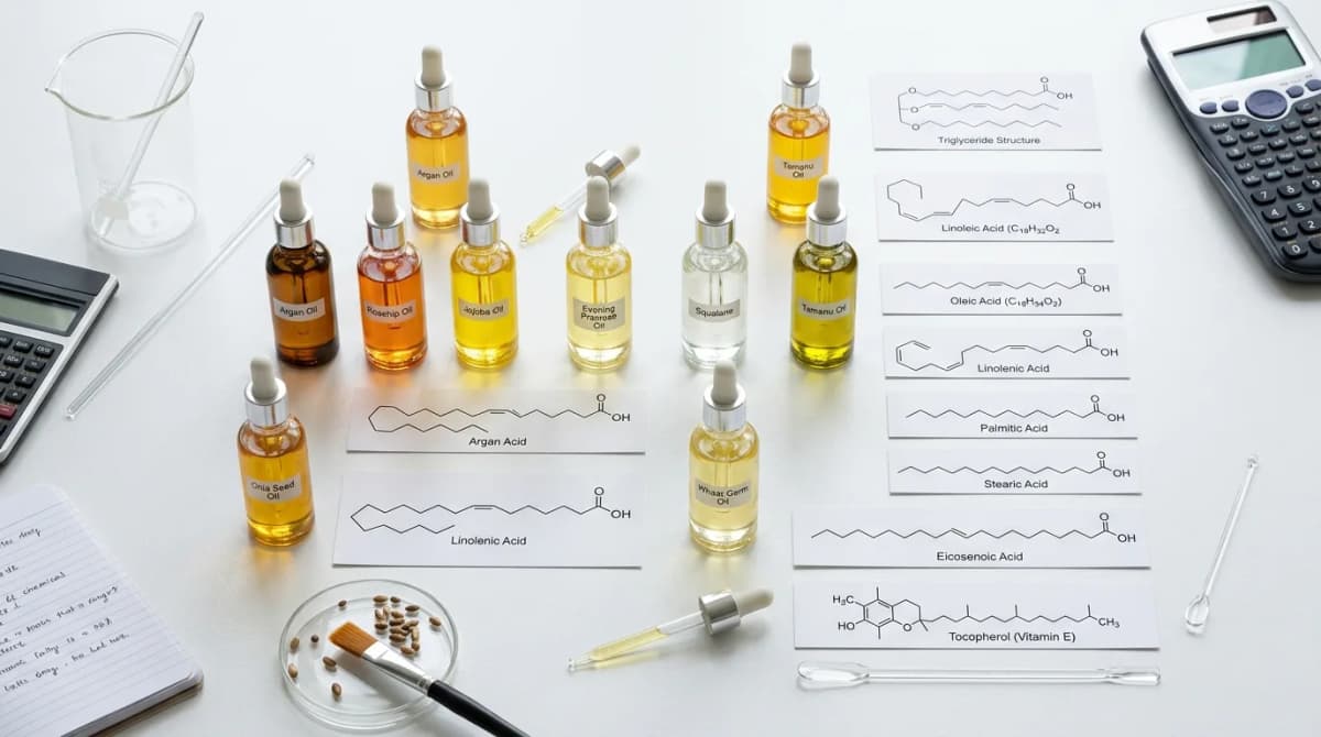 Scientific flat-lay of various facial oils in glass dropper bottles with molecular structure diagrams of fatty acids on a white laboratory background, professional cosmetic chemistry aesthetic