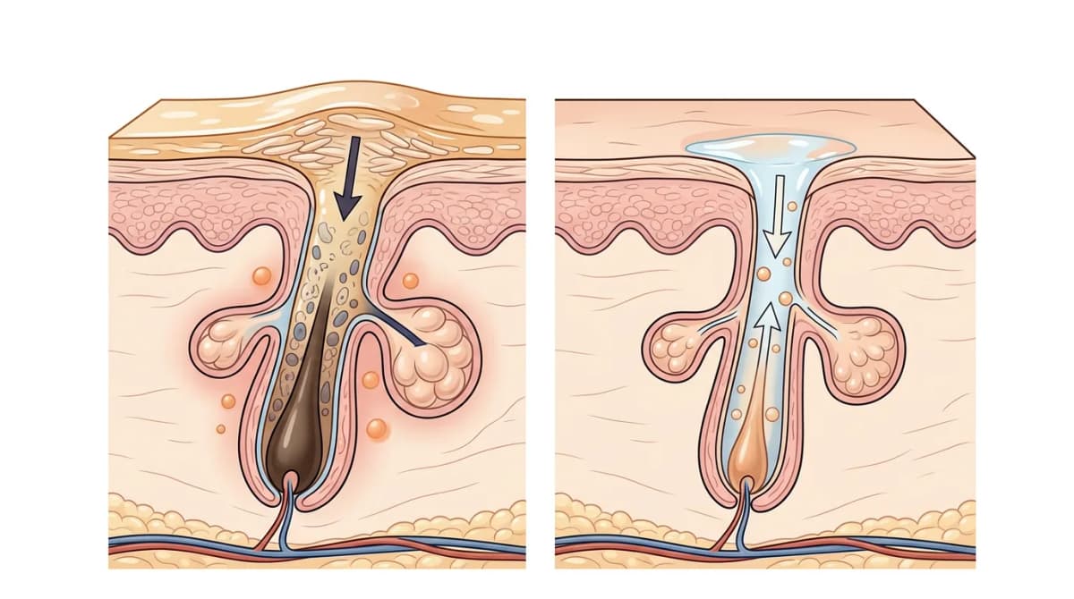 Close-up comparison of pore structure diagrams showing comedogenic vs non-comedogenic oil interaction with skin layers, scientific medical illustration style, clean white background