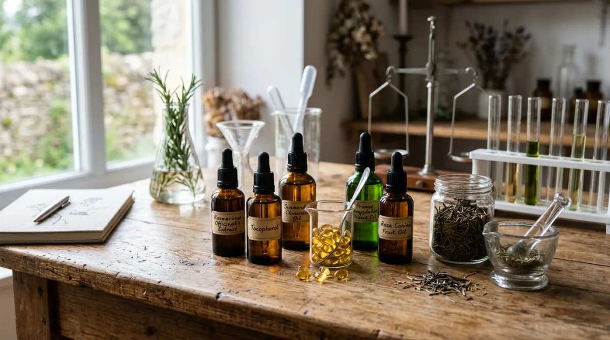 Laboratory setup with antioxidant ingredients — vitamin E capsules, rosemary extract, and various plant oils in amber glass bottles arranged on a wooden surface with soft natural lighting