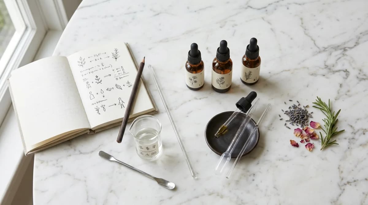 Flat-lay of a minimalist skincare formulation workspace with dropper bottles, a glass beaker, measuring pipettes, handwritten formulation notes and a notebook on a marble surface