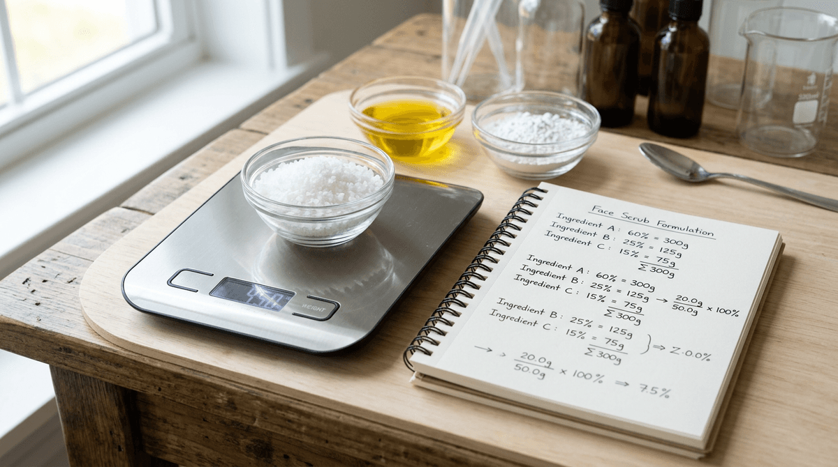 digital kitchen scale with small glass bowls containing different cosmetic raw ingredients — white salt crystals, golden oil, white powder, beside an open notebook showing percentage calculations, clean minimal aesthetic