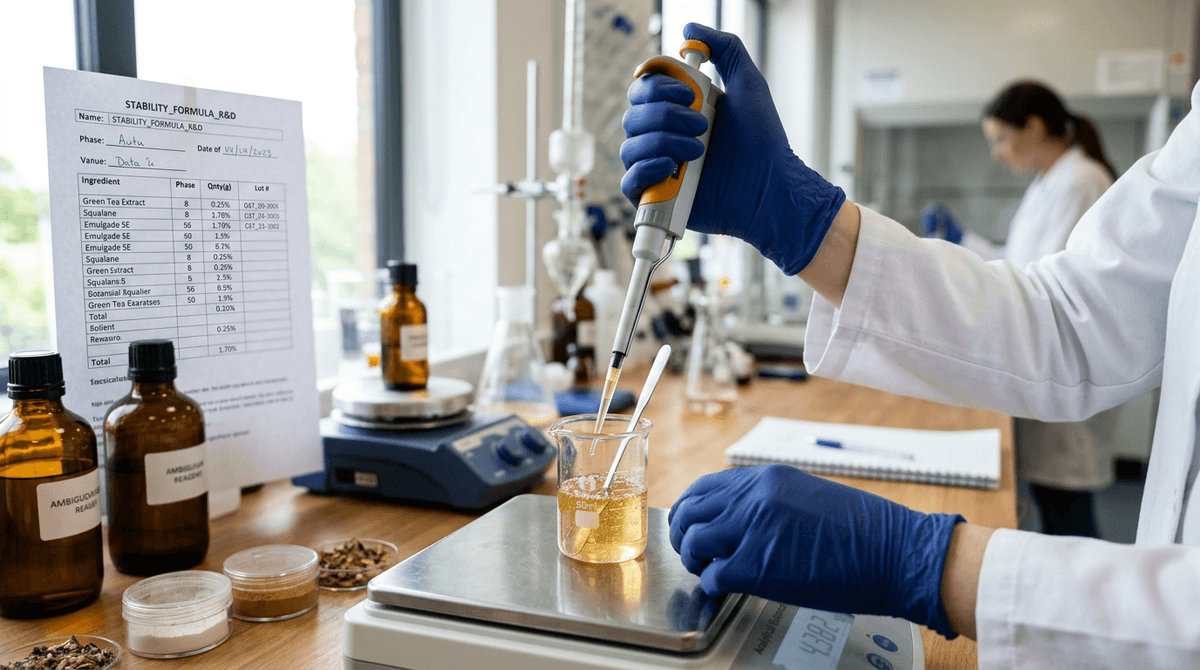 close-up of cosmetic chemist hands measuring ingredients with a precision pipette into a small glass beaker, a technical specification sheet visible blurred in background, laboratory setting