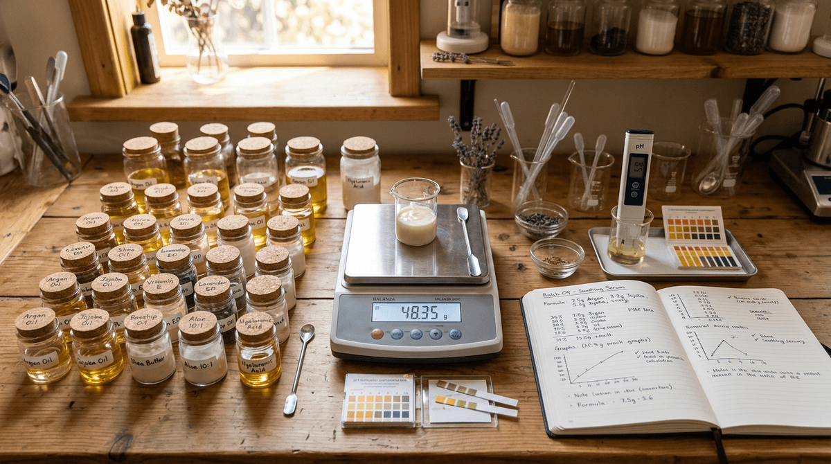 organized home cosmetic formulation workspace with precision digital scale, neatly labeled small ingredient jars, open formulation notebook with calculations, pH meter and color indicator strips, warm light