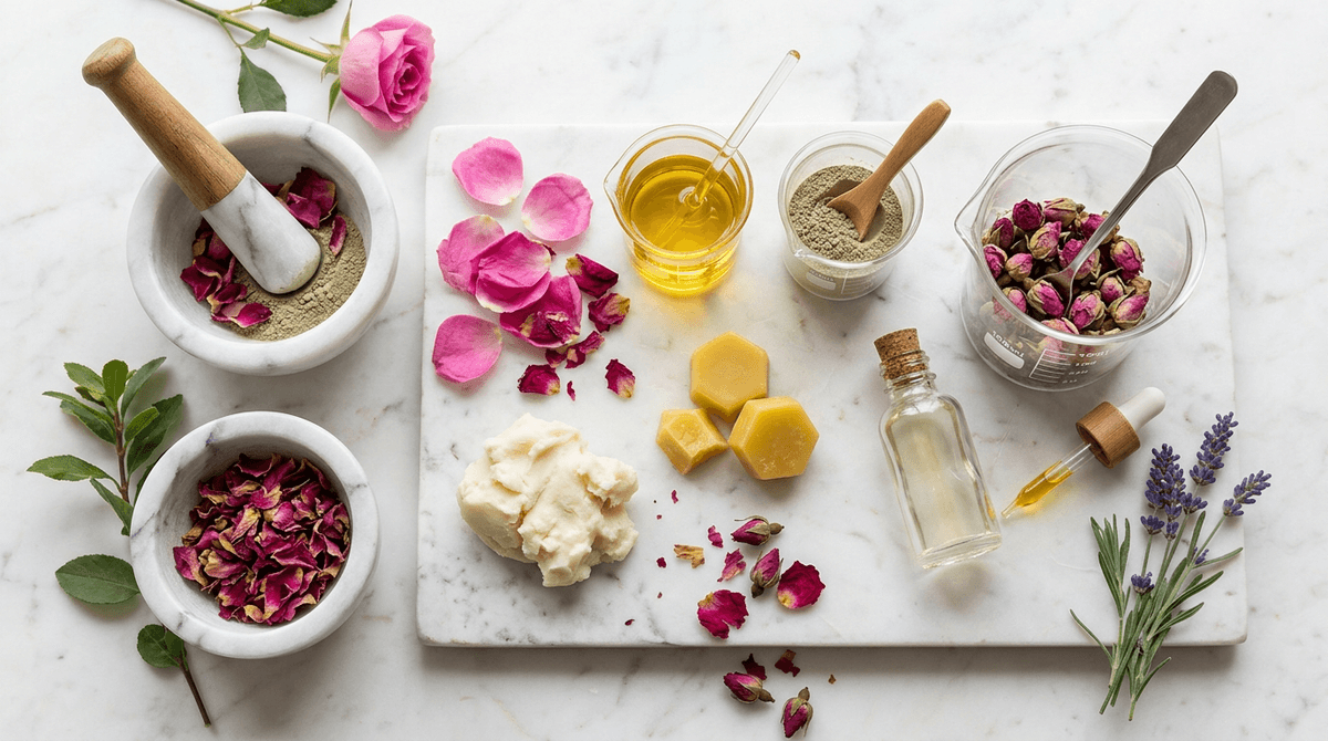 flat lay of natural botanical ingredients — rose petals, shea butter, jojoba oil, beeswax, green clay — arranged on white marble surface with glass beakers and a dropper bottle, soft natural light, editorial beauty photography style