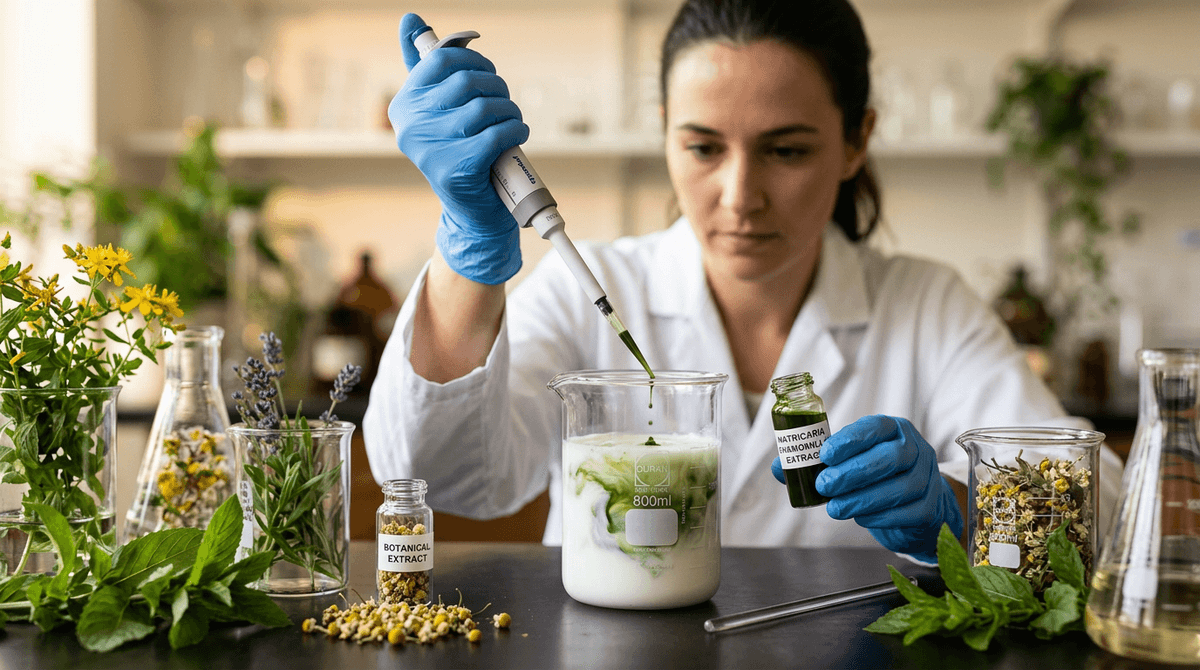 close-up of cosmetic formulation process — scientist pipetting plant extract into white emulsion in glass beaker, surrounded by green botanical elements, clean laboratory aesthetic with warm tones
