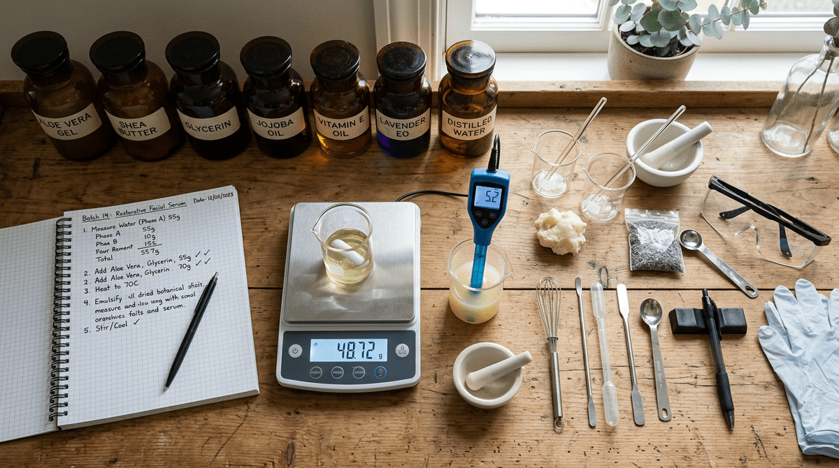 organized cosmetic lab workspace with labeled amber ingredient jars, digital pH meter displaying 5.2, precision scale, and handwritten formulation notes on grid paper, overhead flat lay, natural daylight